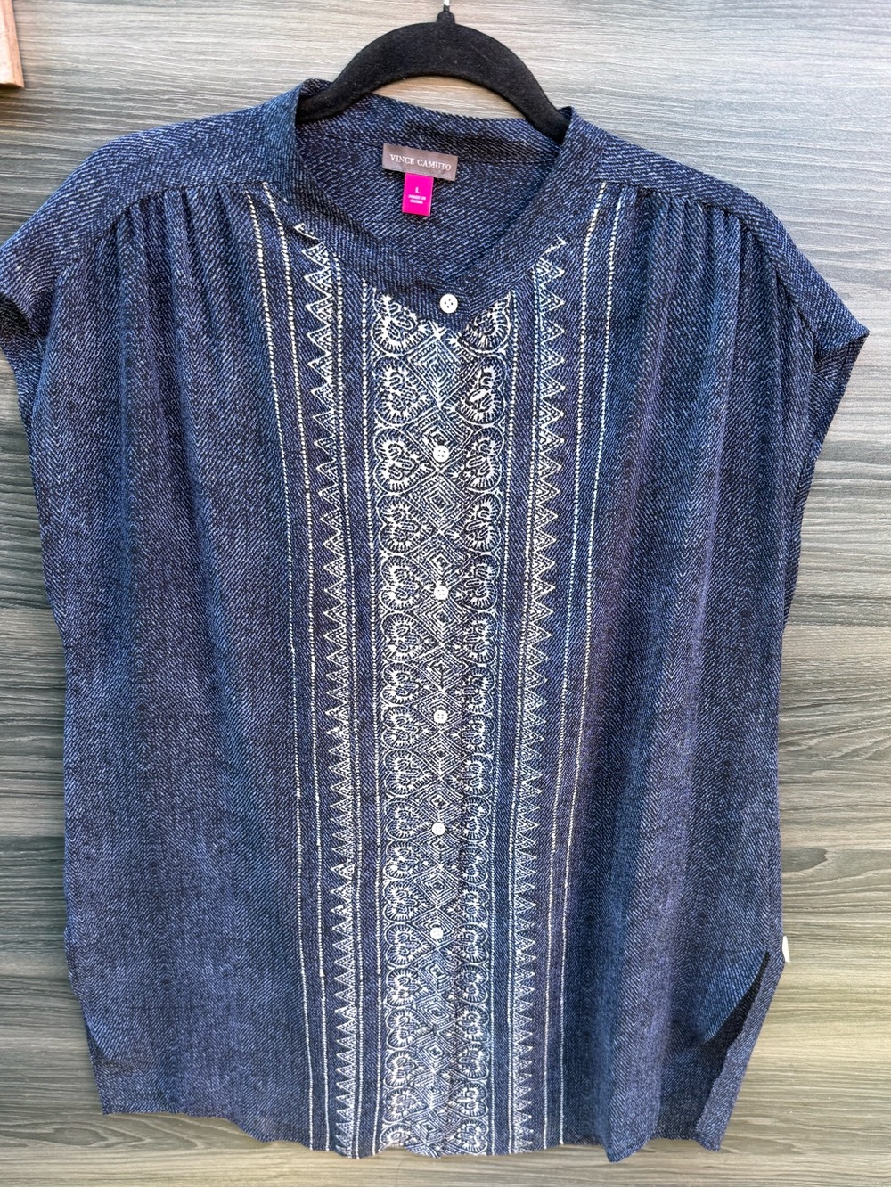 Vince Camuto Blue Boho Geometric Print Blouse Cap Sleeve Top Size L